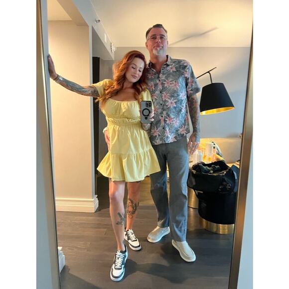 LOUNA Mellow Yellow Cotton Square Neck Puff Sleeves Smocked Cinched Dress Size M - Picture 11 of 11